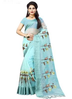 Sky blue embroidered organza saree with blouse 1