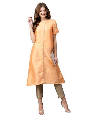 Peach Plain Art Silk Long Kurti 1