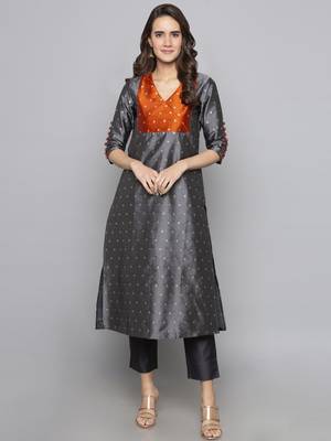 Grey woven art silk long kurti 1