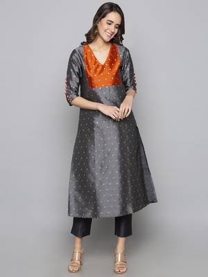 Grey woven art silk long kurti 2