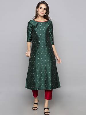 Green woven art silk long kurti 2