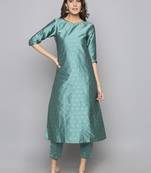 Teal woven art silk long kurti
