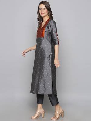 Grey woven art silk long kurti 4