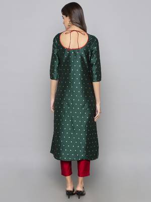 Green woven art silk long kurti 3