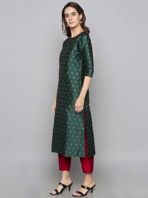 Green woven art silk long kurti 4