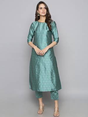 Teal woven art silk long kurti 2