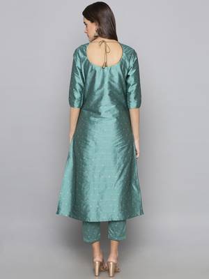 Teal woven art silk long kurti 3