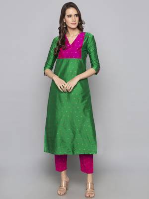 Green woven art silk long kurti 2