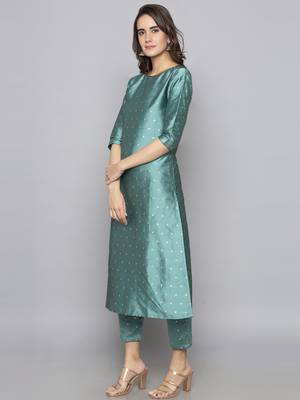 Teal woven art silk long kurti 4