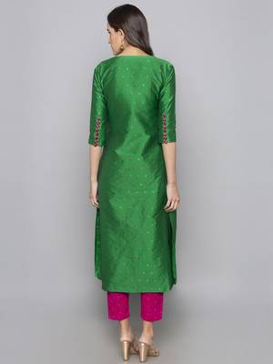 Green woven art silk long kurti 3