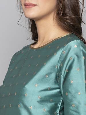 Teal woven art silk long kurti 5
