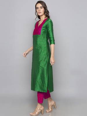 Green woven art silk long kurti 4