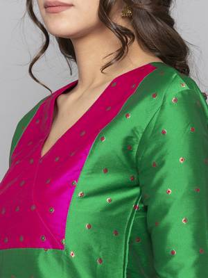 Green woven art silk long kurti 5