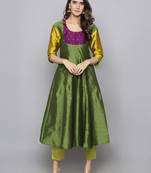 Green woven art silk long kurti