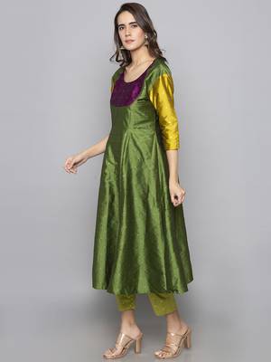 Green woven art silk long kurti 4