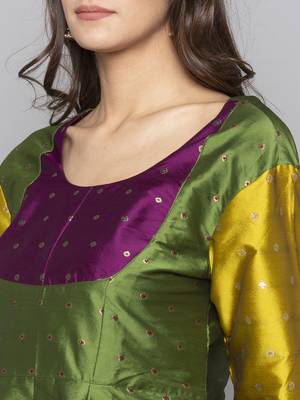 Green woven art silk long kurti 5