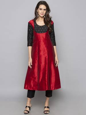 Red woven art silk long kurti 1