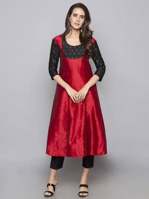 Red woven art silk long kurti 2