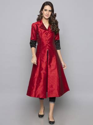 Red woven art silk long kurti 1