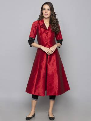 Red woven art silk long kurti 2