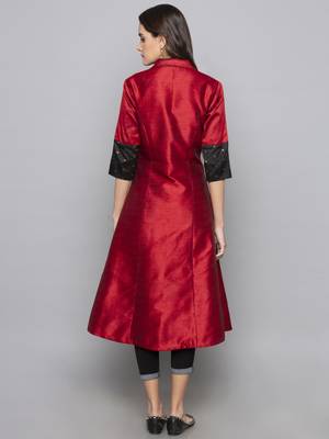 Red woven art silk long kurti 3