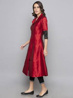 Red woven art silk long kurti 4