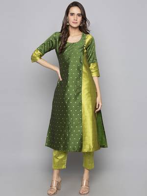 Green woven art silk long kurti 1