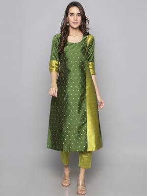 Green woven art silk long kurti 2