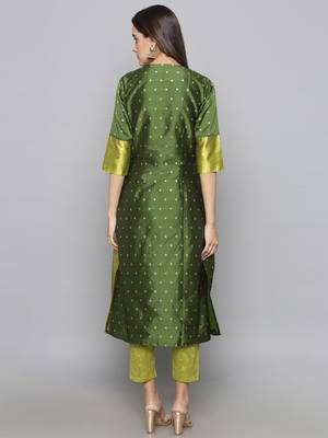 Green woven art silk long kurti 3