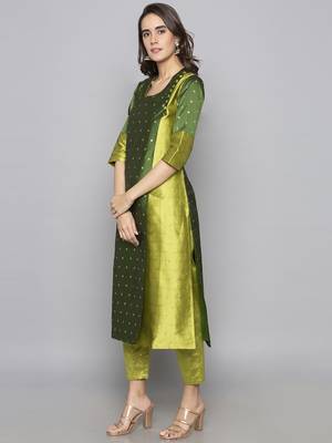 Green woven art silk long kurti 4