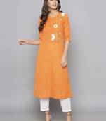 Orange embroidered cotton long kurti