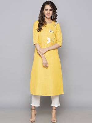 Yellow embroidered cotton long kurti 1