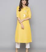 Yellow embroidered cotton long kurti