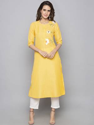 Yellow embroidered cotton long kurti 2