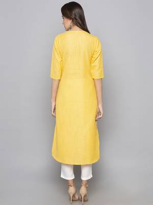 Yellow embroidered cotton long kurti 3