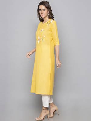 Yellow embroidered cotton long kurti 4