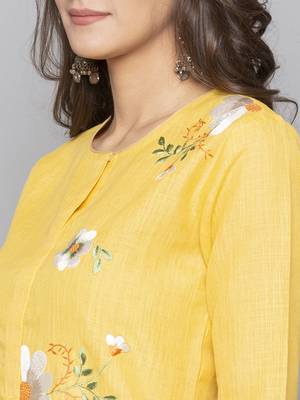 Yellow embroidered cotton long kurti 5
