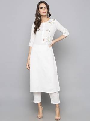 Off-white embroidered cotton long kurti 1
