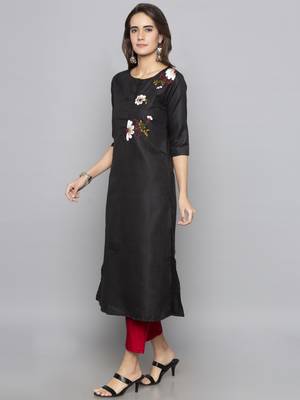 Grey embroidered cotton long kurti 4