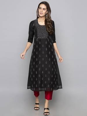 Grey embroidered cotton long kurti 1