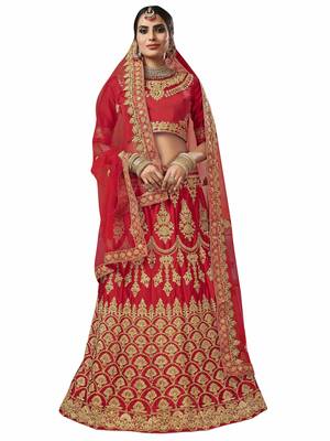 Red Embroidered Satin Semi Stitched Lehenga 1