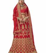 Red Embroidered Satin Semi Stitched Lehenga