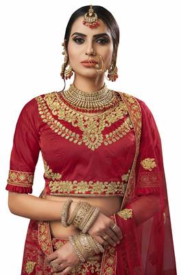 Red Embroidered Satin Semi Stitched Lehenga 2