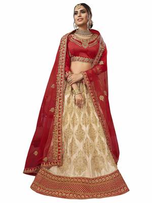 Beige Embroidered Satin Semi Stitched Lehenga 1