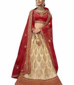 Beige Embroidered Satin Semi Stitched Lehenga