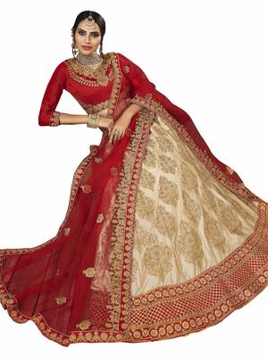 Beige Embroidered Satin Semi Stitched Lehenga 2