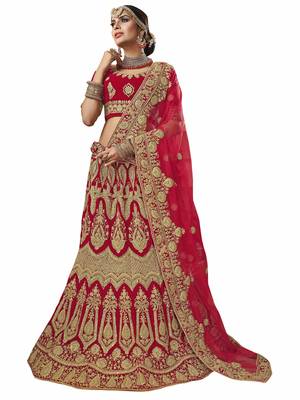 Red Embroidered Velvet Semi Stitched Lehenga With Dupatta 1