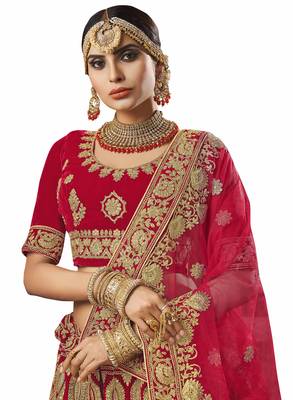 Red Embroidered Velvet Semi Stitched Lehenga With Dupatta 2