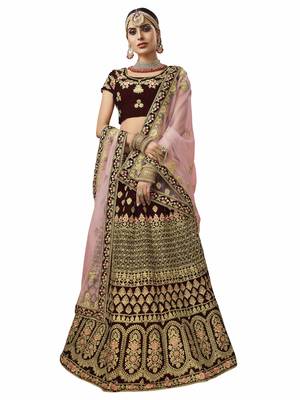 Maroon Embroidered Velvet Semi Stitched Lehenga With Dupatta 1