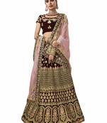 Maroon Embroidered Velvet Semi Stitched Lehenga With Dupatta